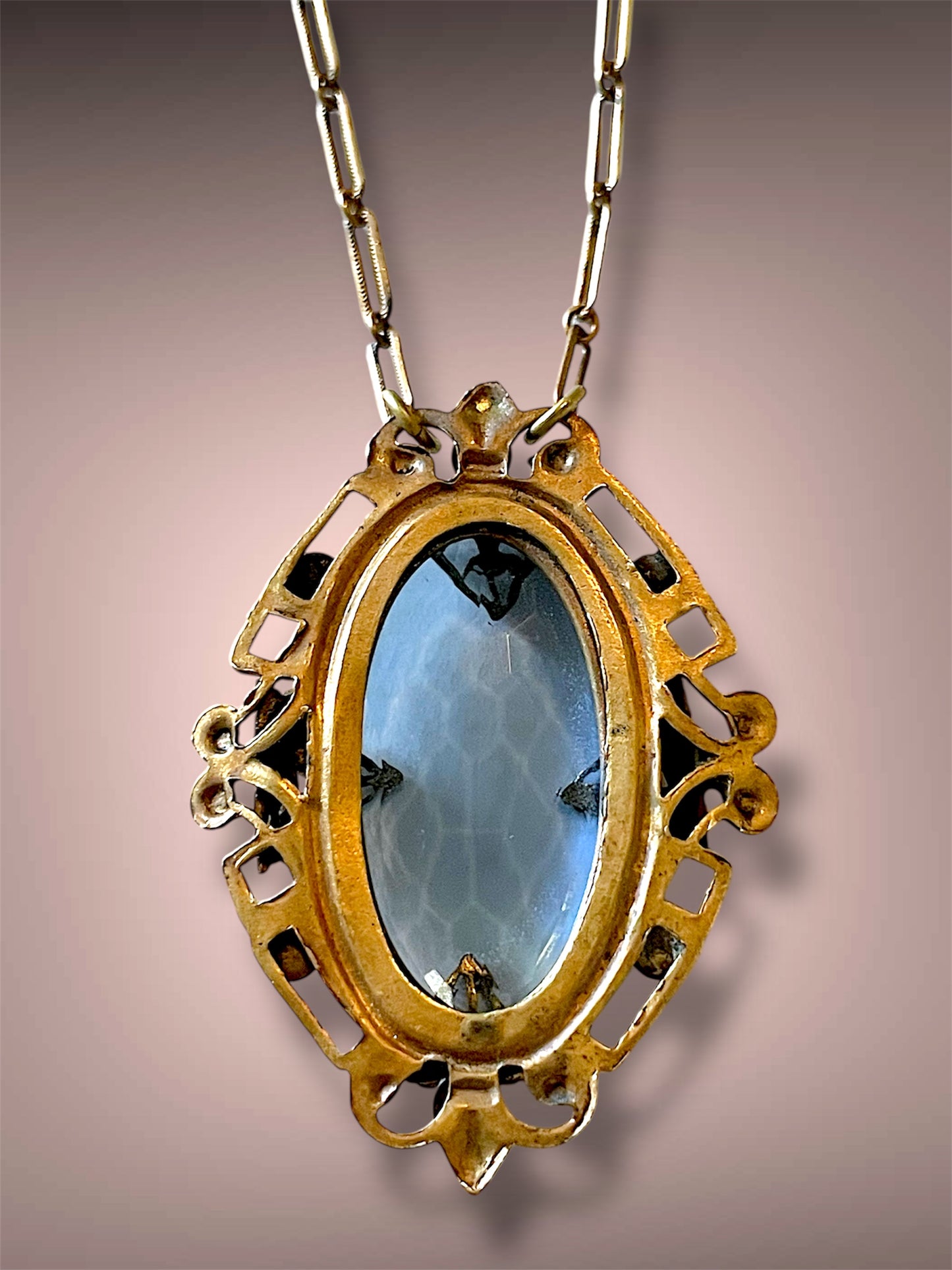 Art Nouveau Czech Brass Blue Art Glass & Saphire Chrystal Filigree Floral Stamped Necklace