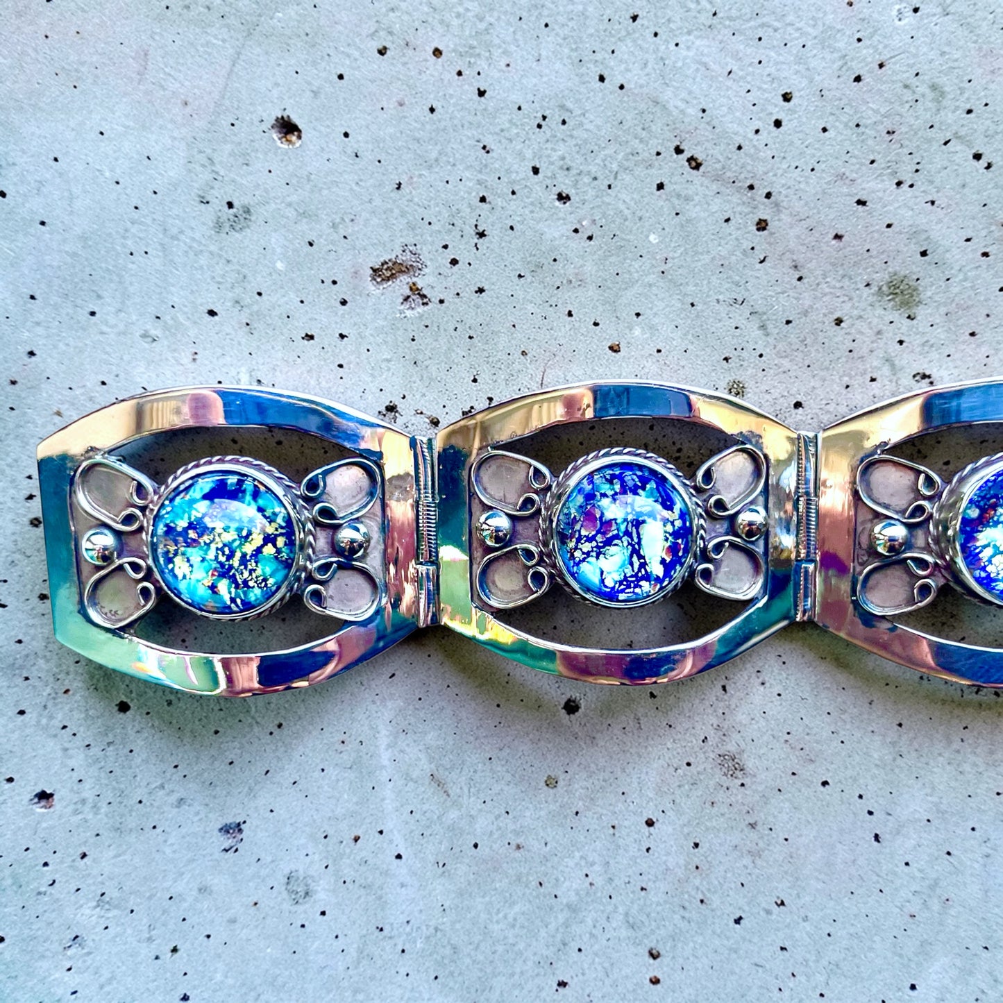 Sterling Silver Blue Green Dragons Breath Fire Opal Taxco Mexico Panel Bracelet