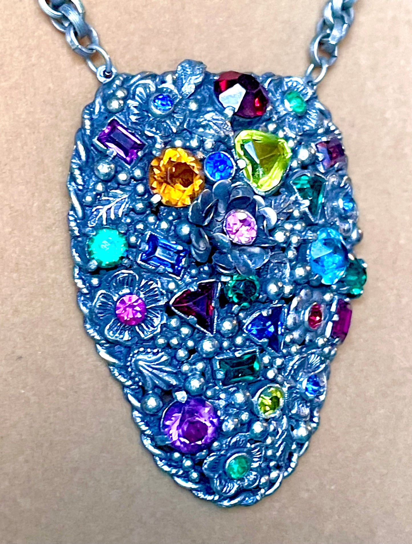 Incredible Fruit Salad Multicolor Rainbow Crystal Floral Art Nouveau Pendant Necklace