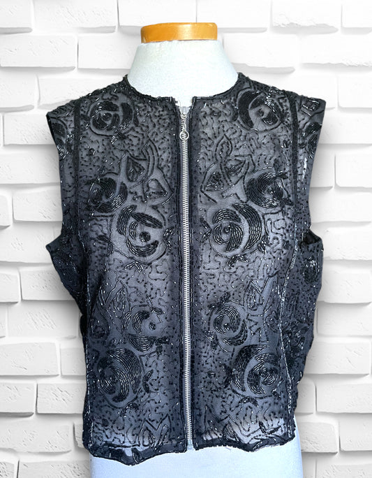 Transparent Black Floral Pattern Beaded Zip Up Front Sleeveless Blouce