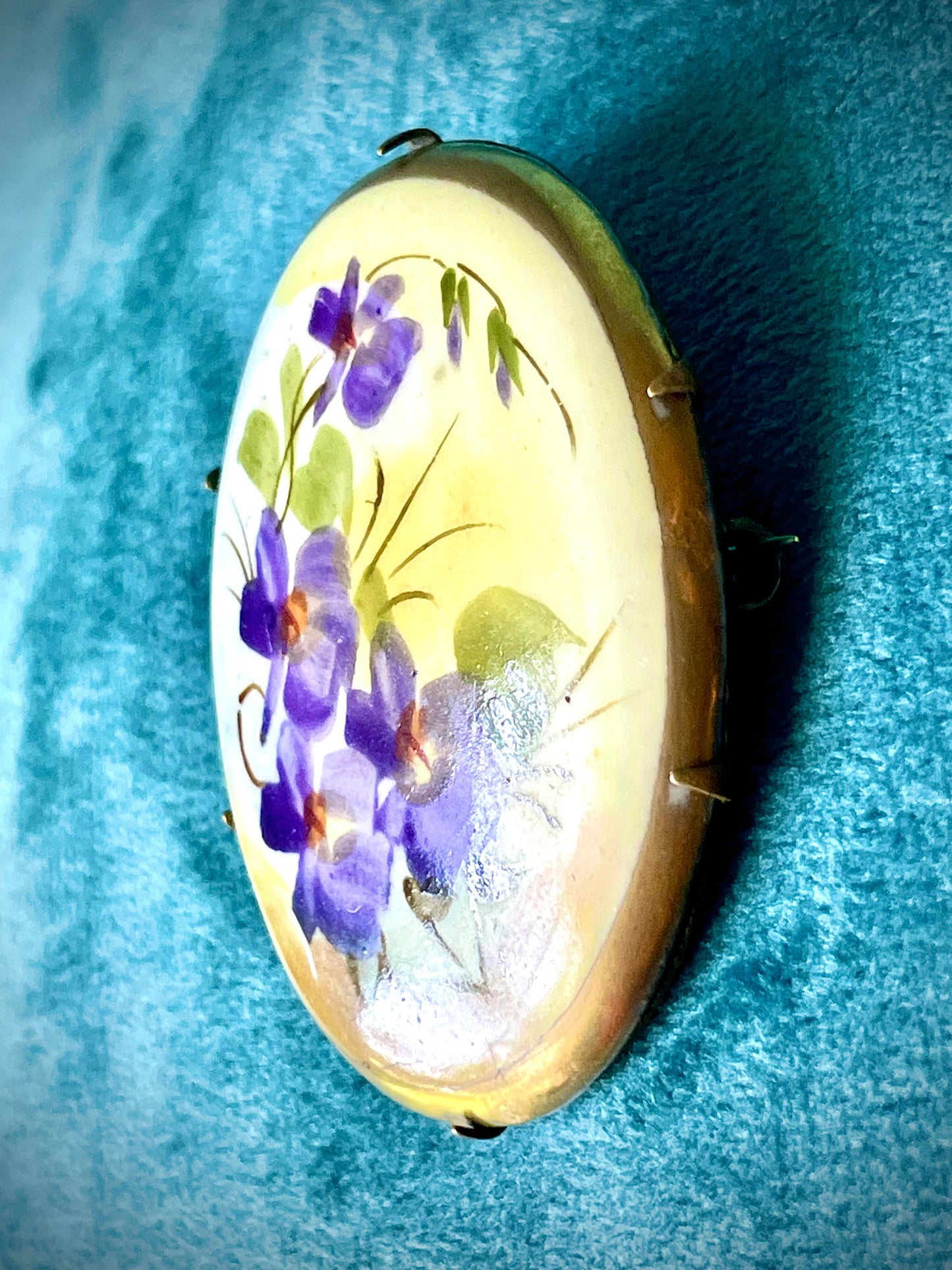Victorian Forget Me Not Flowers Hand Painted Porcelain Limogé Brooch