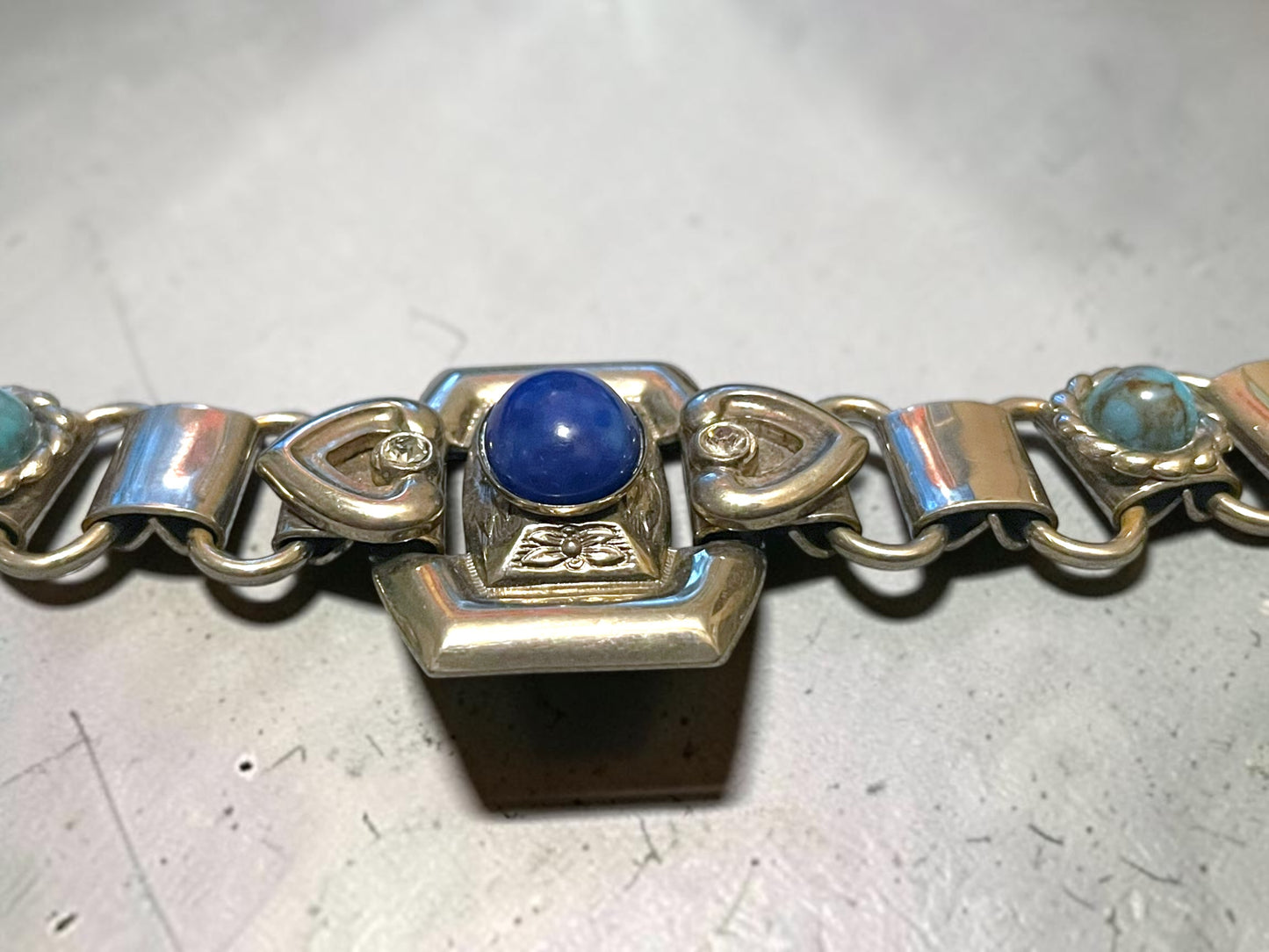 Victorian Chunky Silver Book-link Chain, Blue Lapis & Turquoise Art Glass & Crystal Rhinestone Collar Necklace