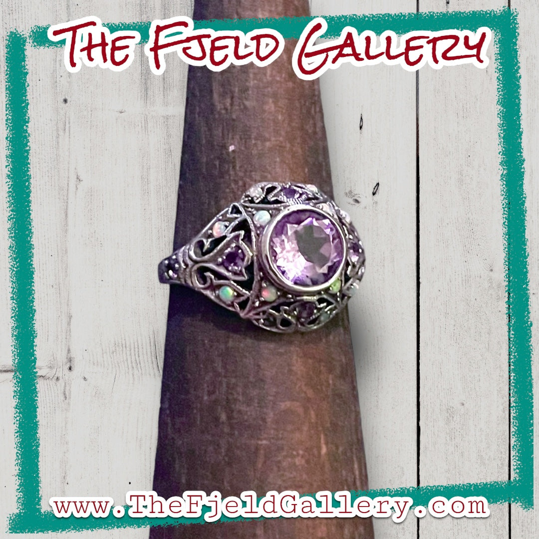 Amethyst & Opal Sterling Silver Victorian Filigree Vintage Dome Ring