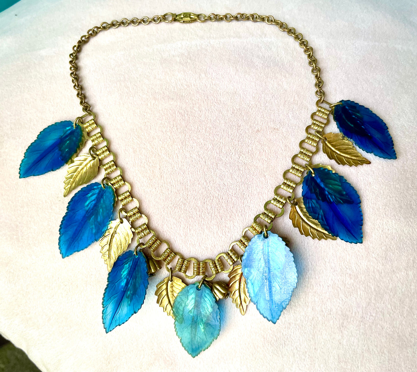 Miriam Haskell Embossed Brass & Turquoise Translucent Early Plastic Leaf & Bell Victorian Booklink Choker Necklace