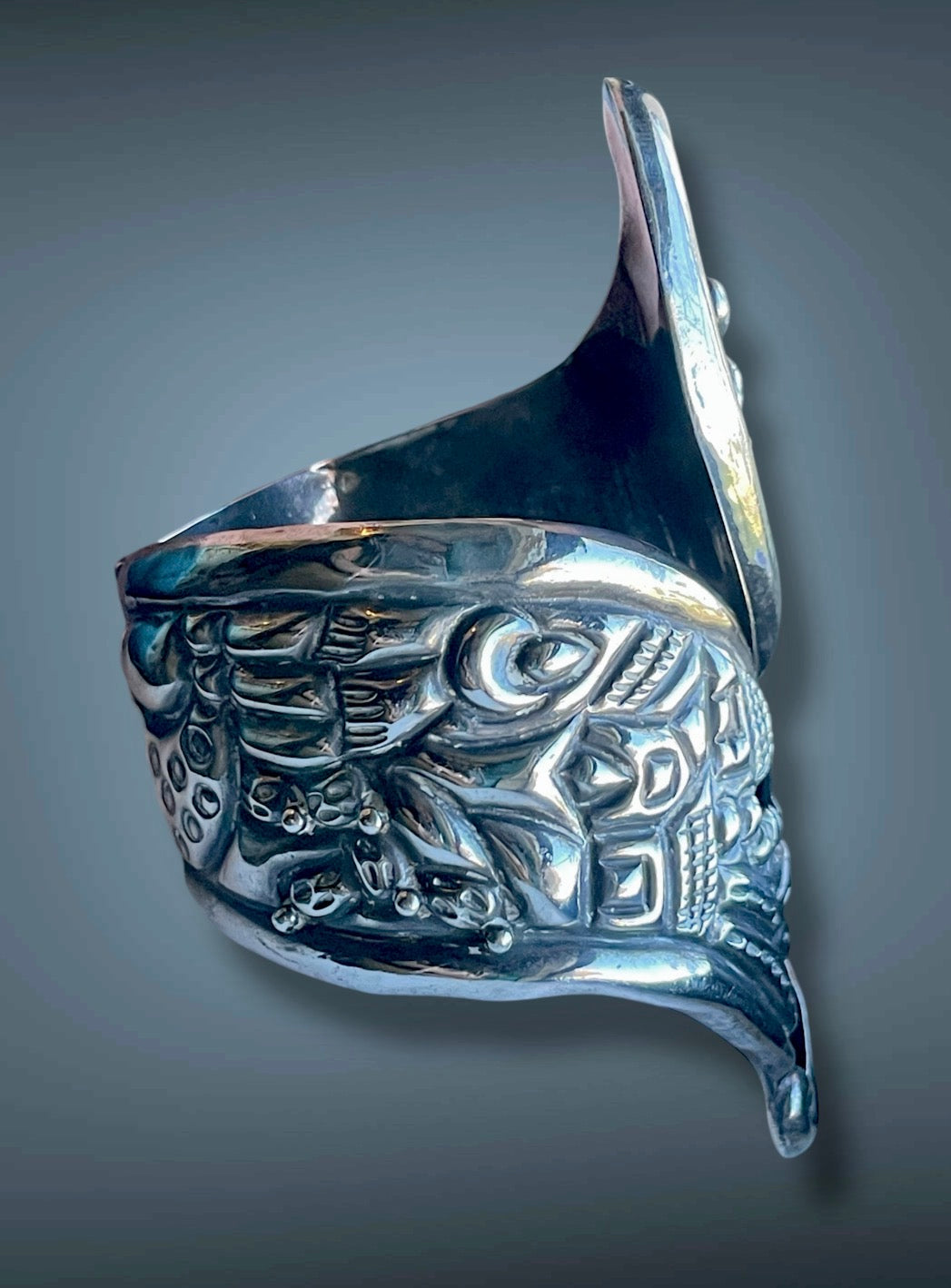 Sterling Silver Repoussé Hollow-work Taxco Mexico Scenic Hinged Clamper Bypass Bracelet