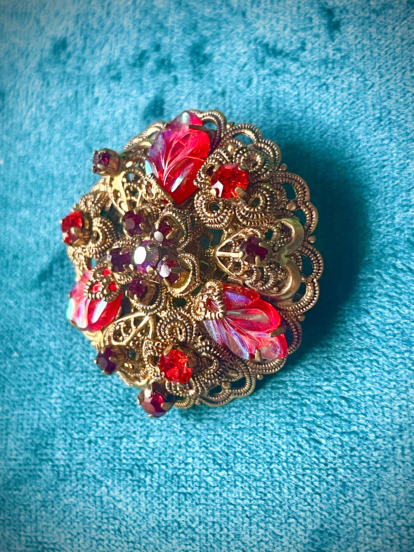 Red Carnival Art Glass Leaf & AB Crystal West German Brass Filigree Brooch