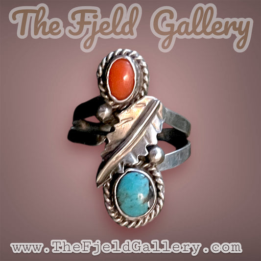Native American Turquoise & Red Coral Sterling Silver Leaf Bypass Wrap Ring
