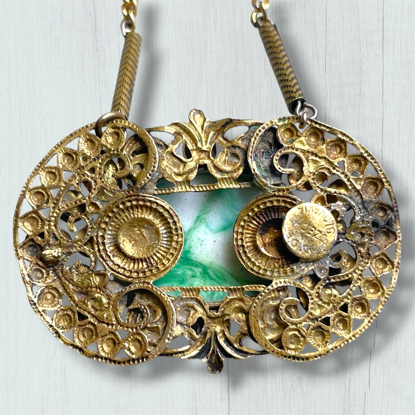Art Nouveau Czechoslovakian Brass Filigree Jade Peking Art Glass Necklace