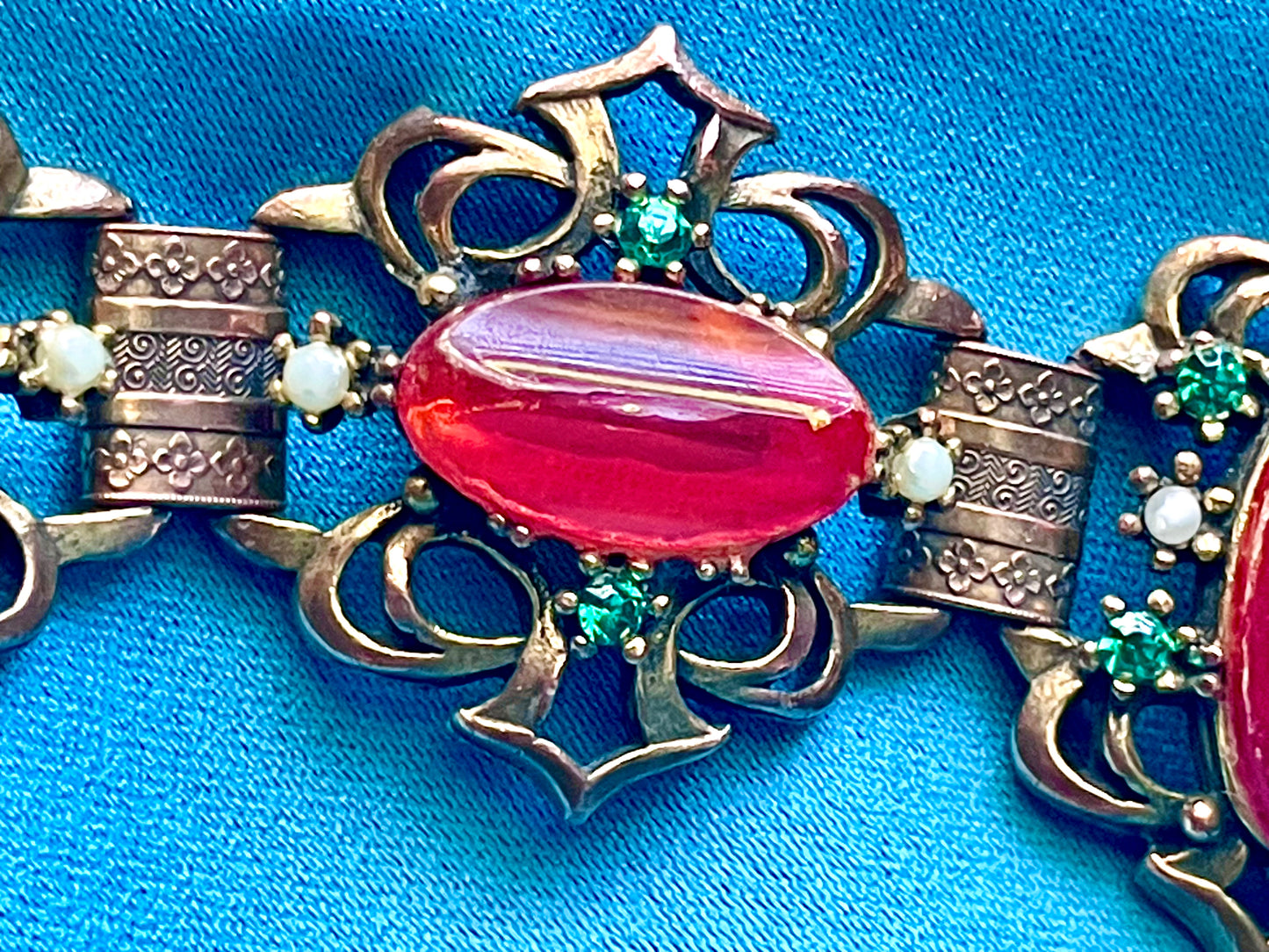 Heavy Brass Booklink Red-Orange Faux Amber Celluloid, Green Crystal & Pearl Panel Link Bracelet