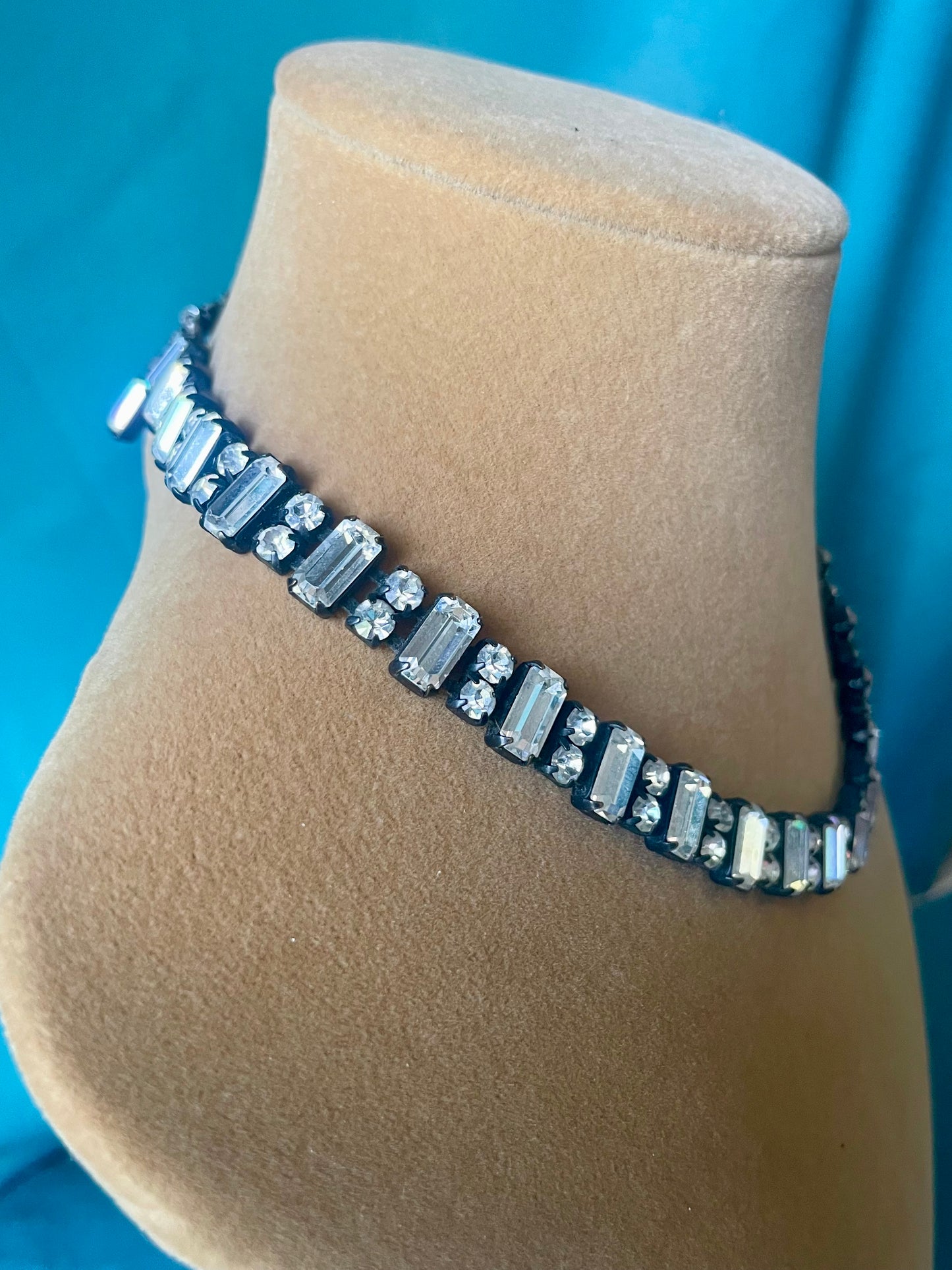 Prong Set Vintage Crystal Black Gunmetal Patina Bridal Choker Necklace