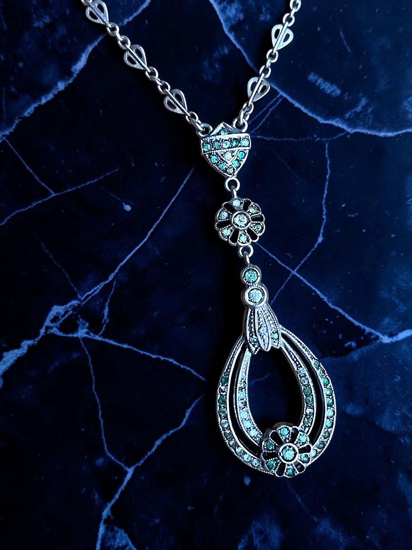 Art Deco Sterling Silver Crystal Floral Drop Y Necklace