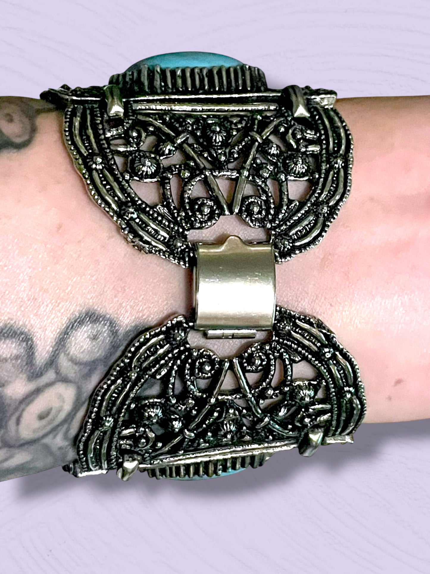 Vintage Chunky Silver Filigree Thermoset Faux Turquoise Panel Bracelet