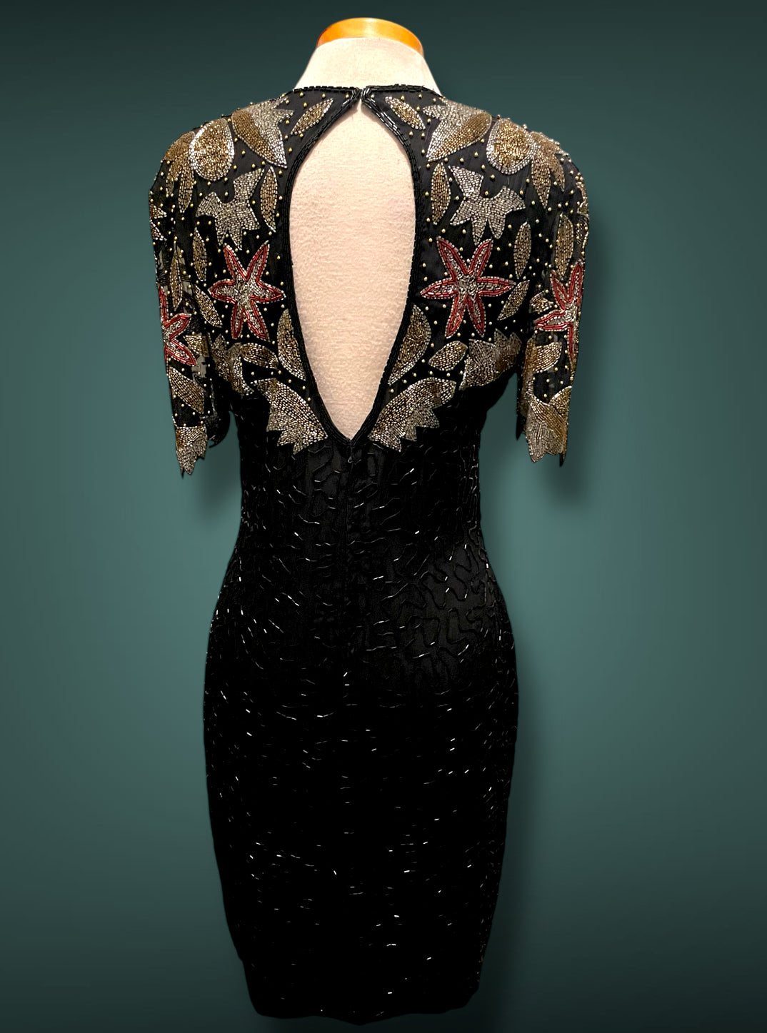 Vintage 1980’s Silk NYE Gold Silver Red & Black Glass Bead Short Dress