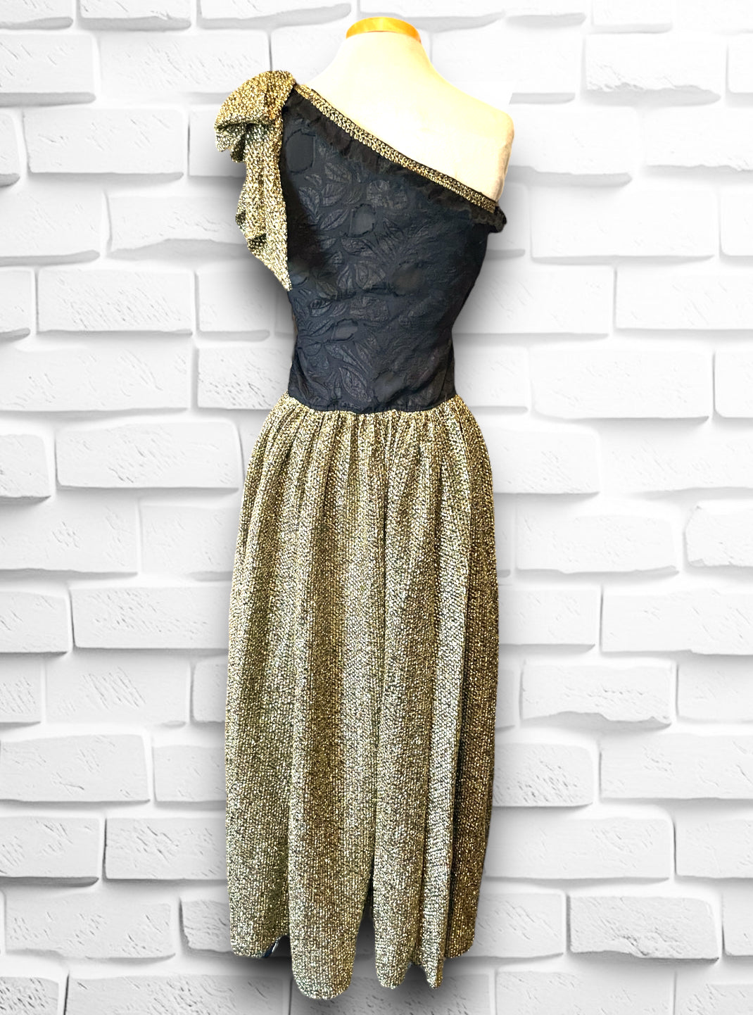 Vintage 1980’s Gold Lamé Bow & Black Transparent Bodice Long Dress