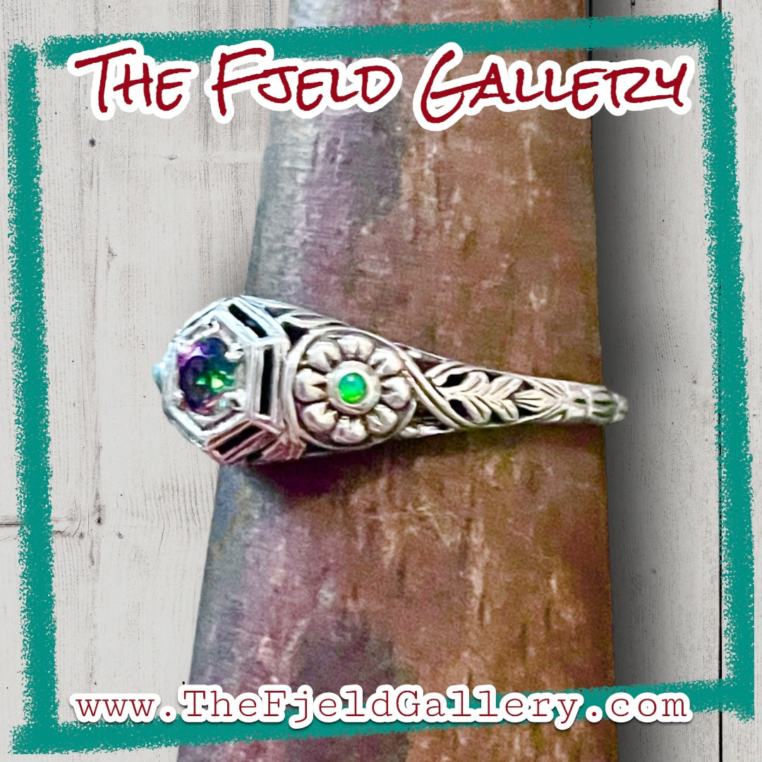 Mystic Topaz & Green Fire Opal Victorian Flowers Sterling Silver Filigree Ring