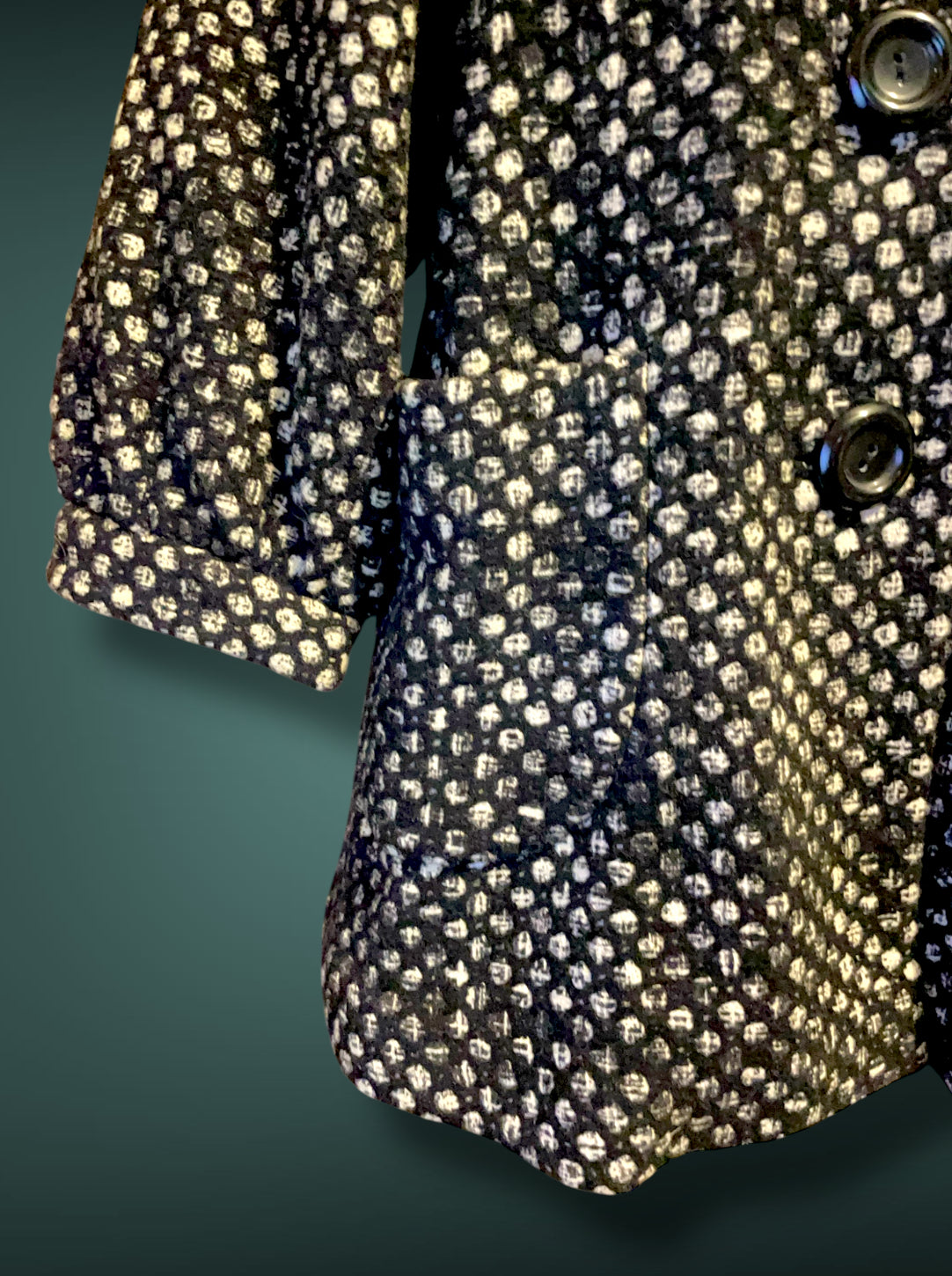 Vintage Mod Wool Black & White Polkadot A Line Jacket with Hood, & Pockets