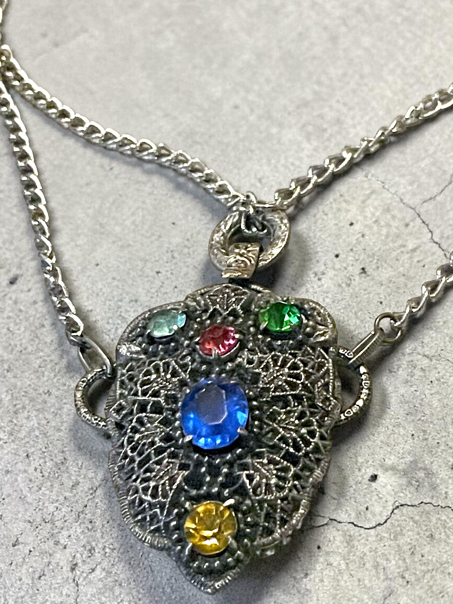 Czech Silver Filigree Fruit Salad Multi-color Leaded Past Stone Crystal Saphire, Emerald, Aquamarine, Ruby & Citrine Festoon Necklace