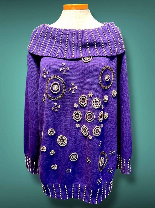 Vintage 1980’s Purple Oversized Boat Neck Sweater with Gold Bead Detail Design
