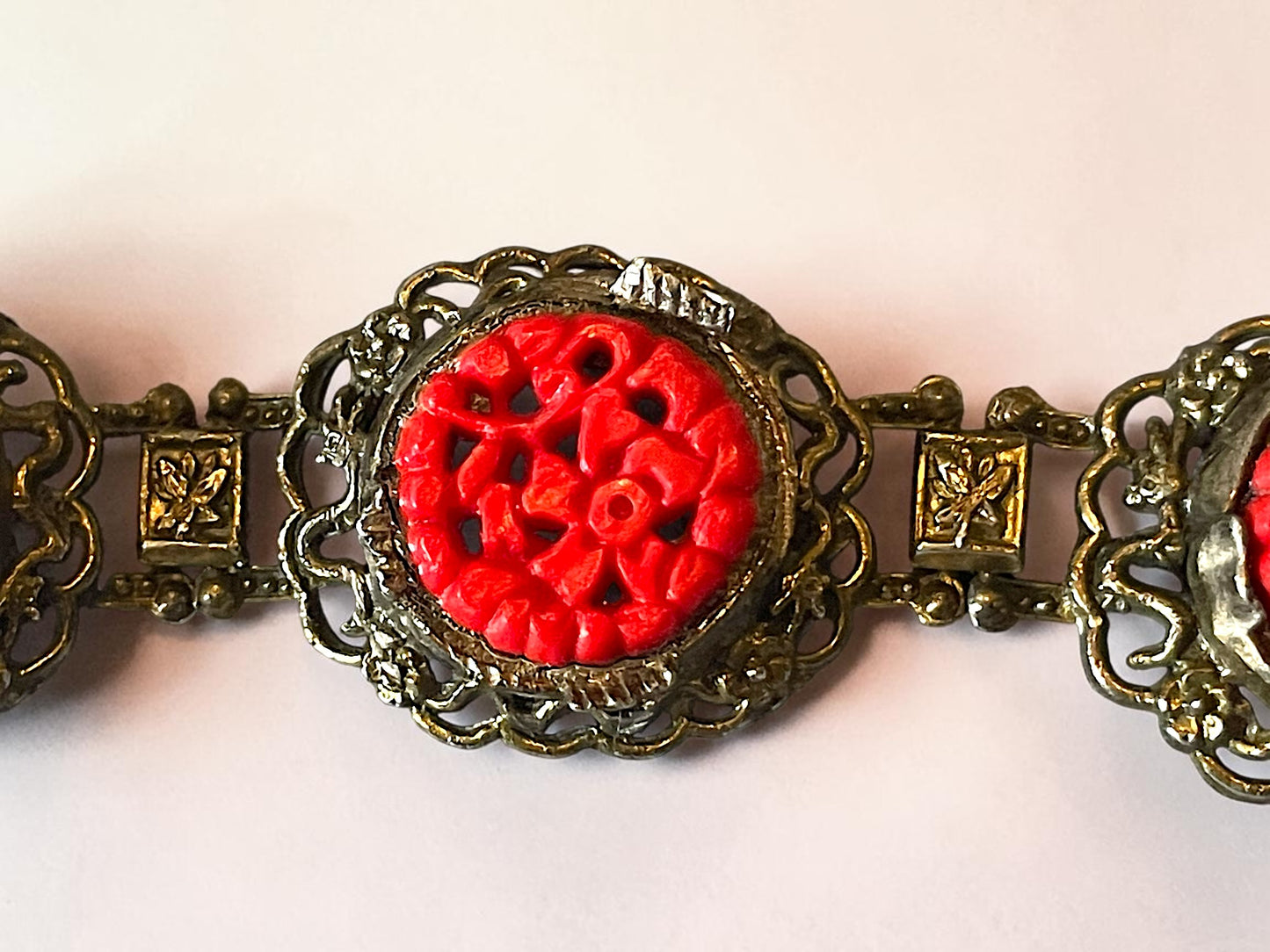 Art Nouveau Red Cinnabar Brass Flowers & Butterflies Panel Bracelet