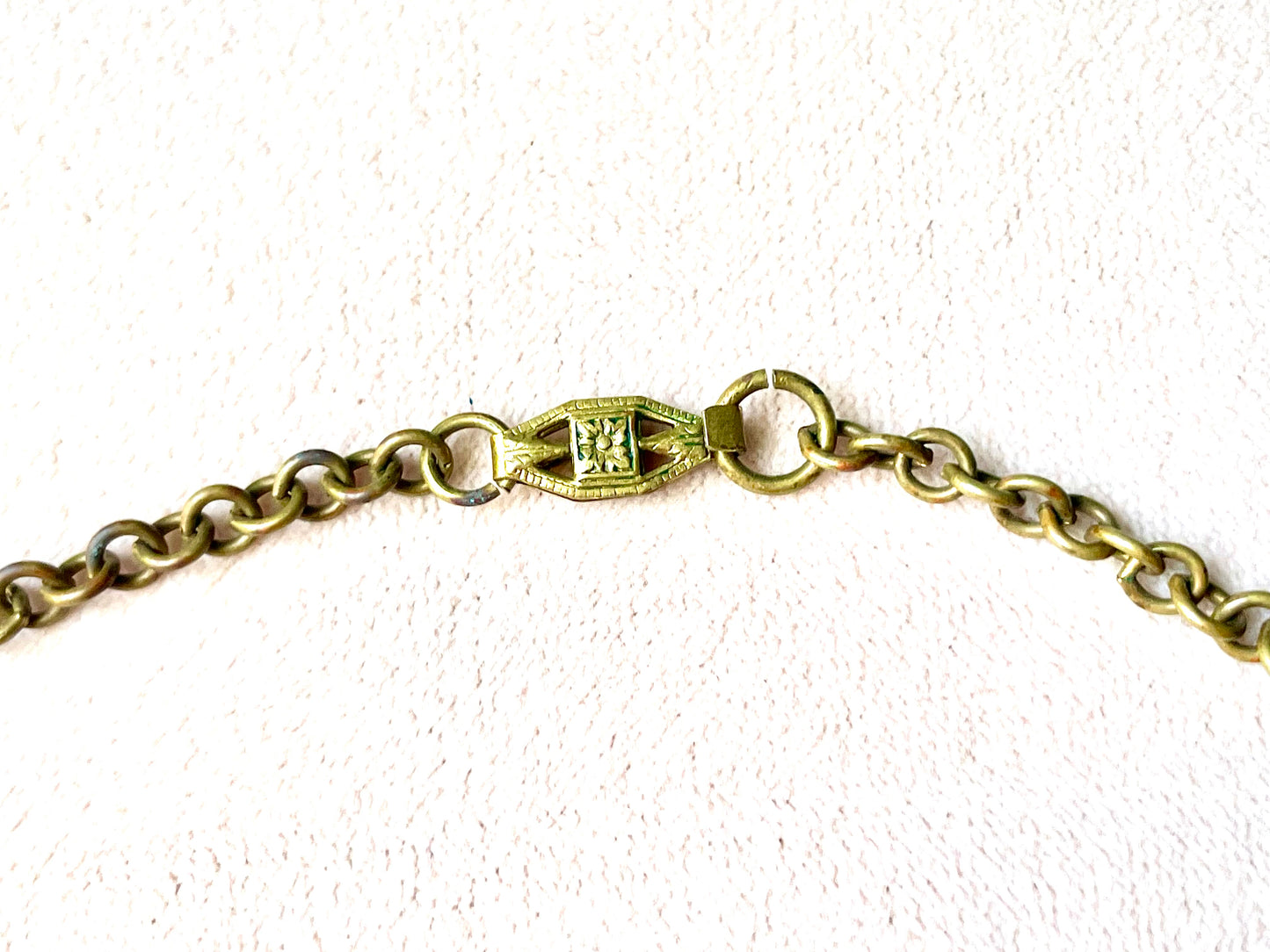 Miriam Haskell Embossed Brass & Turquoise Translucent Early Plastic Leaf & Bell Victorian Booklink Choker Necklace