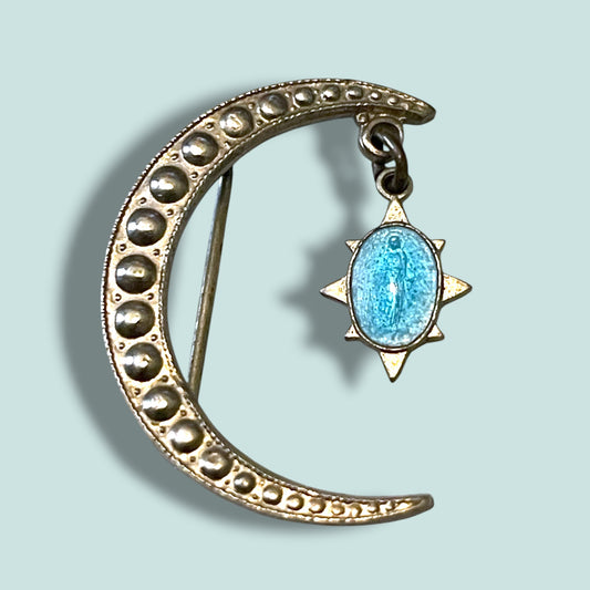 Vintage Christian Silver Crescent Moon Brooch with Cloisonné Virgin Mary Charm