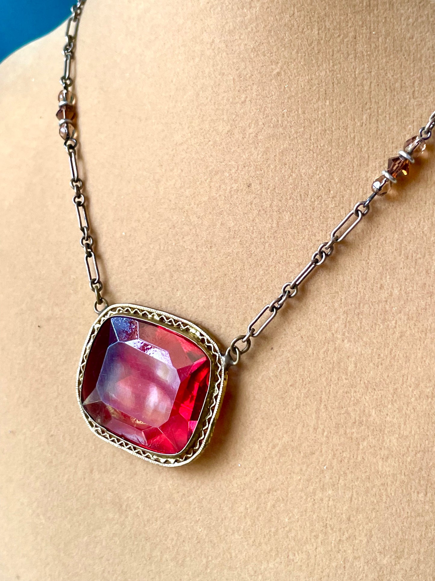 Art Deco Czech Brass Filigree Ruby Red Crystal Choker Necklace