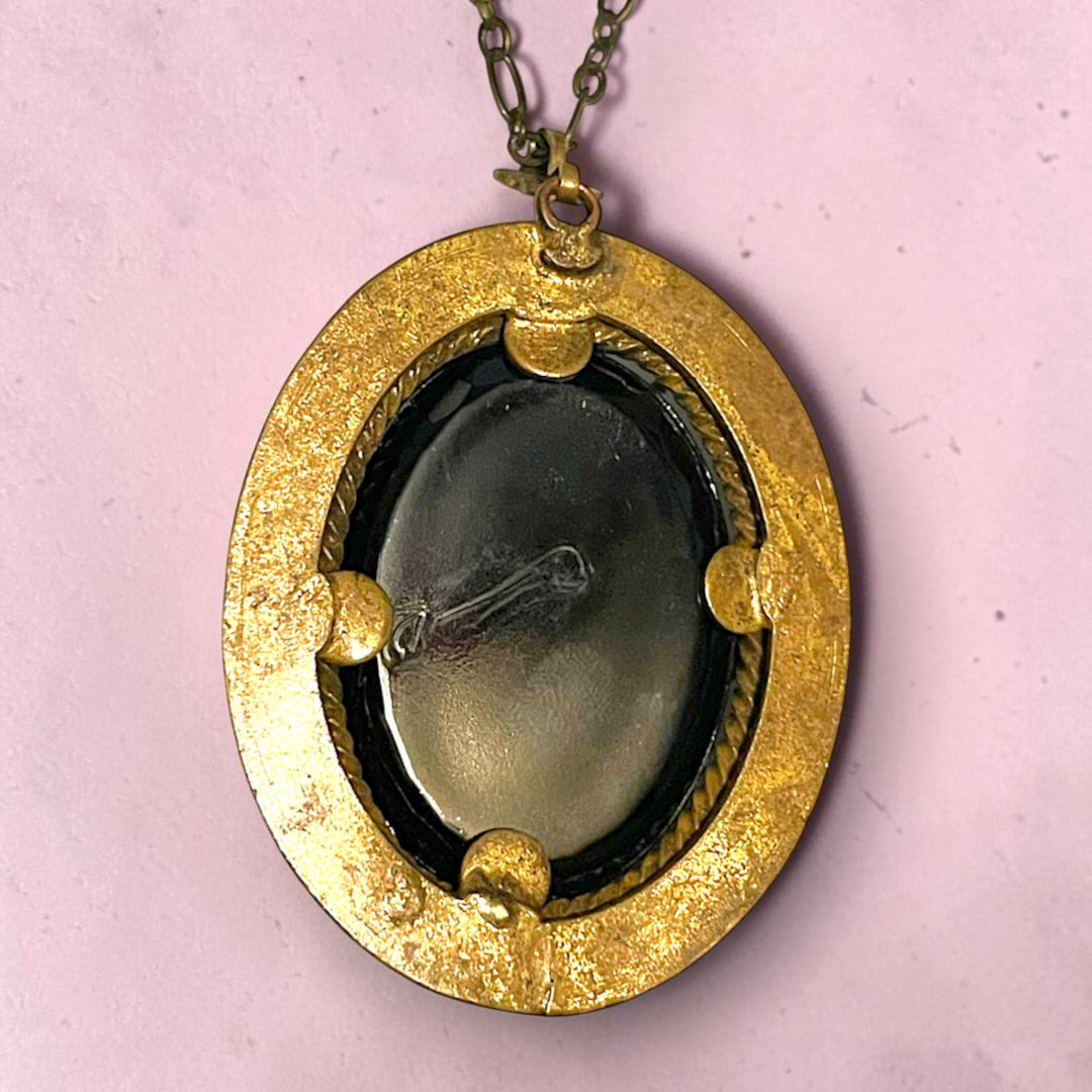 Victorian Gothic Black Art Glass Mourning Cameo Prong Set Pendant Necklace