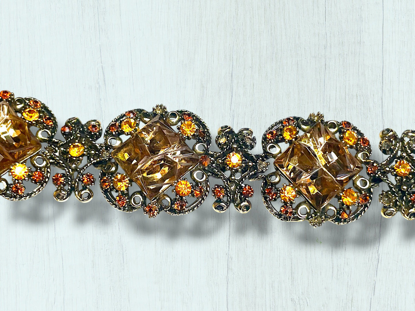 Incredible Vintage Chunky Faceted Amber & Topaz Crystal Designer Bracelet