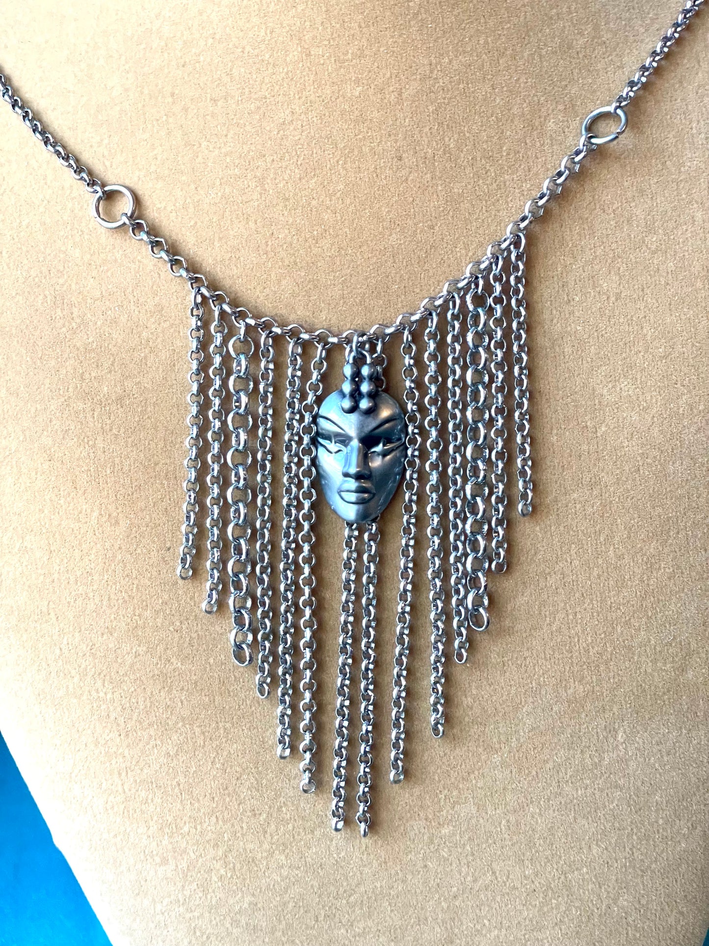 Designer Thierry Mugler Silver Face Fringe Necklace