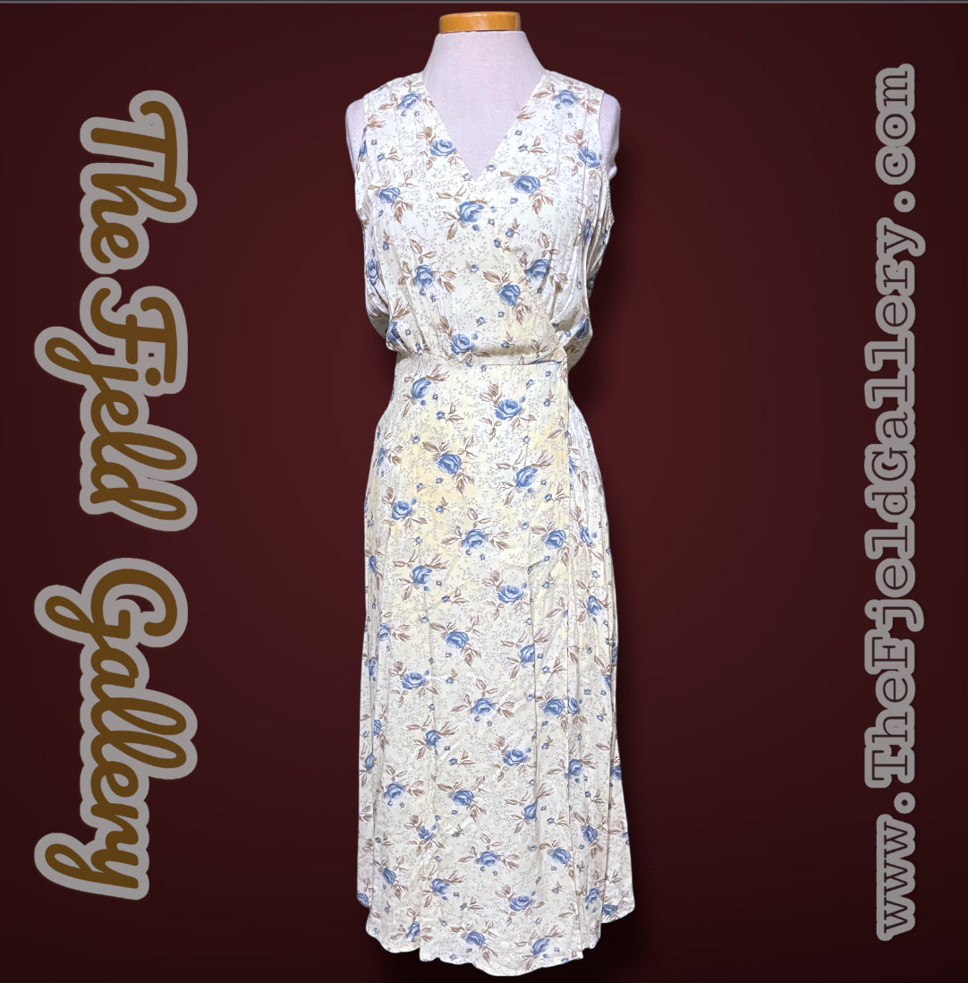 1990’s GAP Pale Yellow & Blue Floral Sleeveless Maxi Wrap Dress sz XS