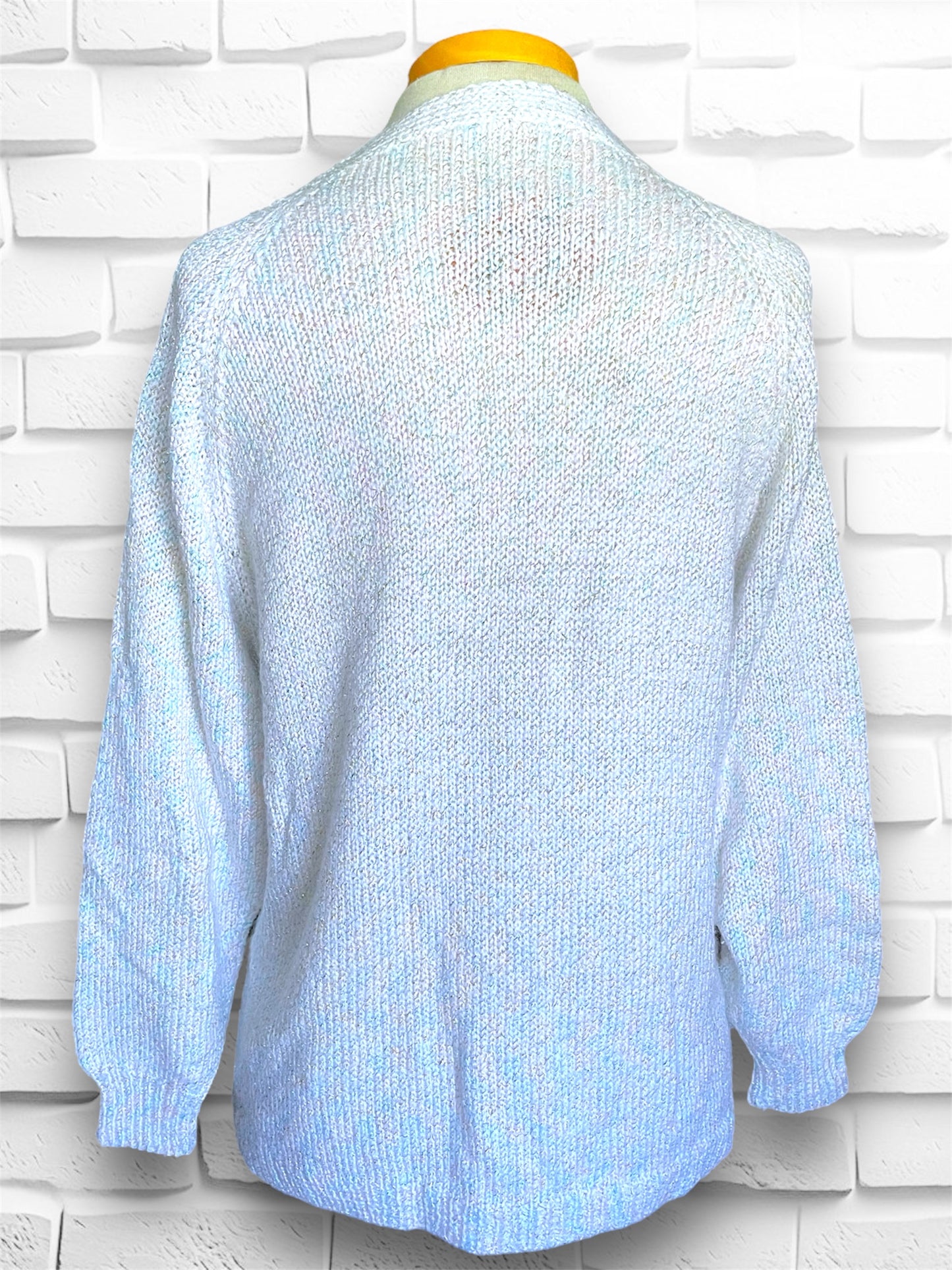 Vintage Light Grey/White Cardigan with Metallic Blue, Pink & Yellow Threading