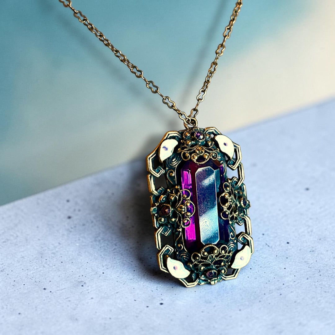 Art Nouveau Neiger Brothers Purple Crystal & Enamel Brass Filigree Necklace