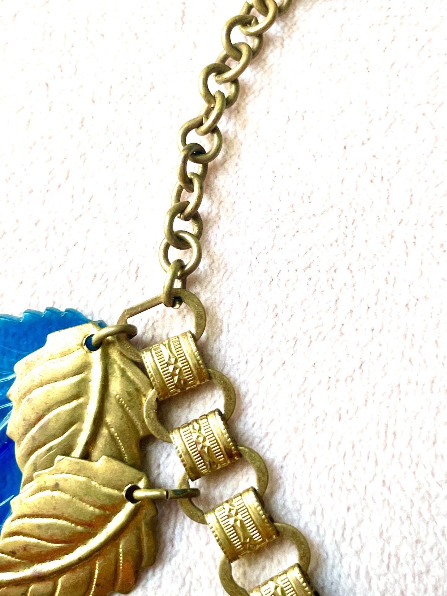 Miriam Haskell Embossed Brass & Turquoise Translucent Early Plastic Leaf & Bell Victorian Booklink Choker Necklace