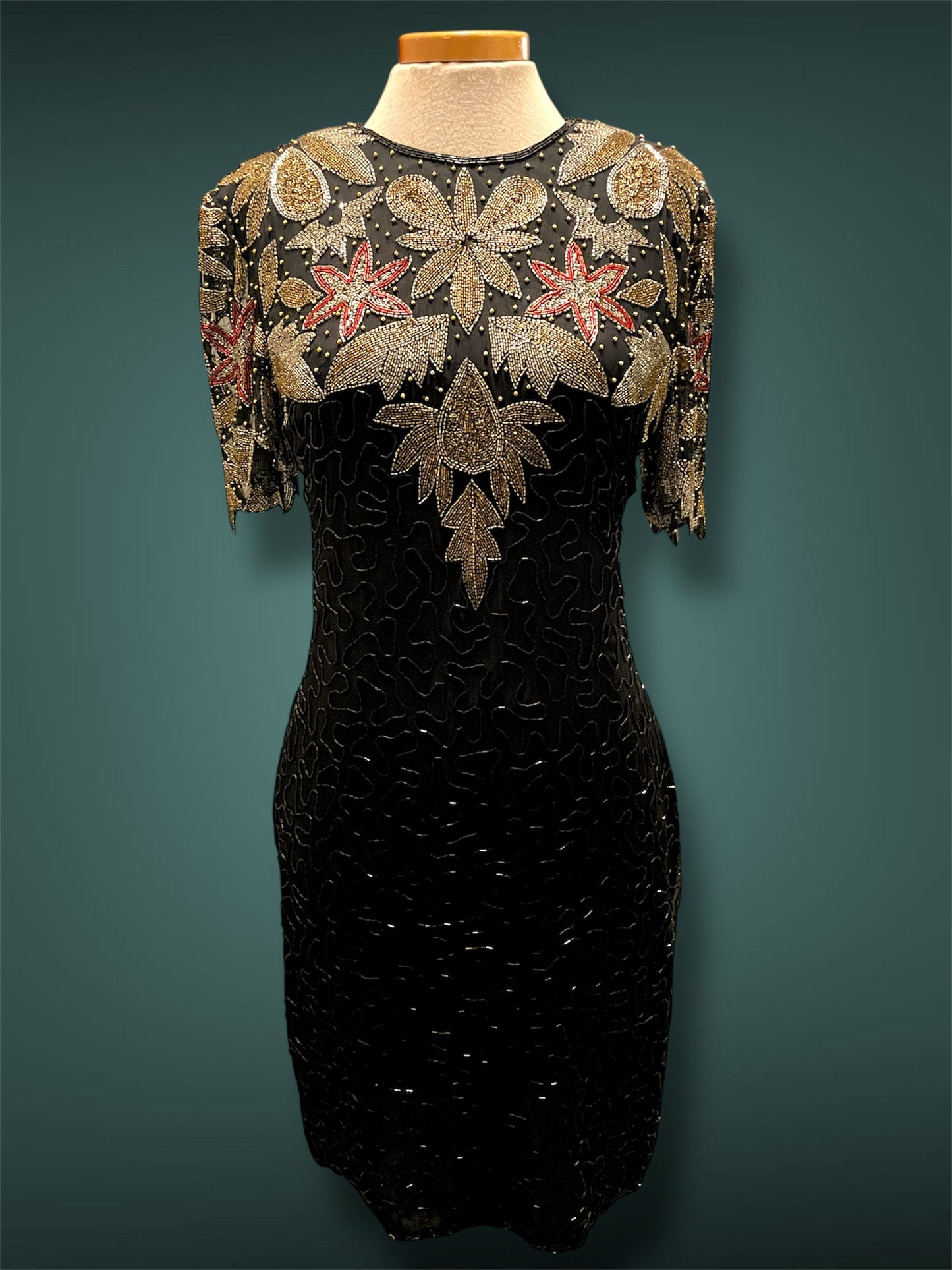 Vintage 1980’s Silk NYE Gold Silver Red & Black Glass Bead Short Dress