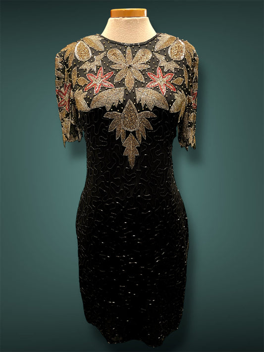 Vintage 1980’s Silk NYE Gold Silver Red & Black Glass Bead Short Dress