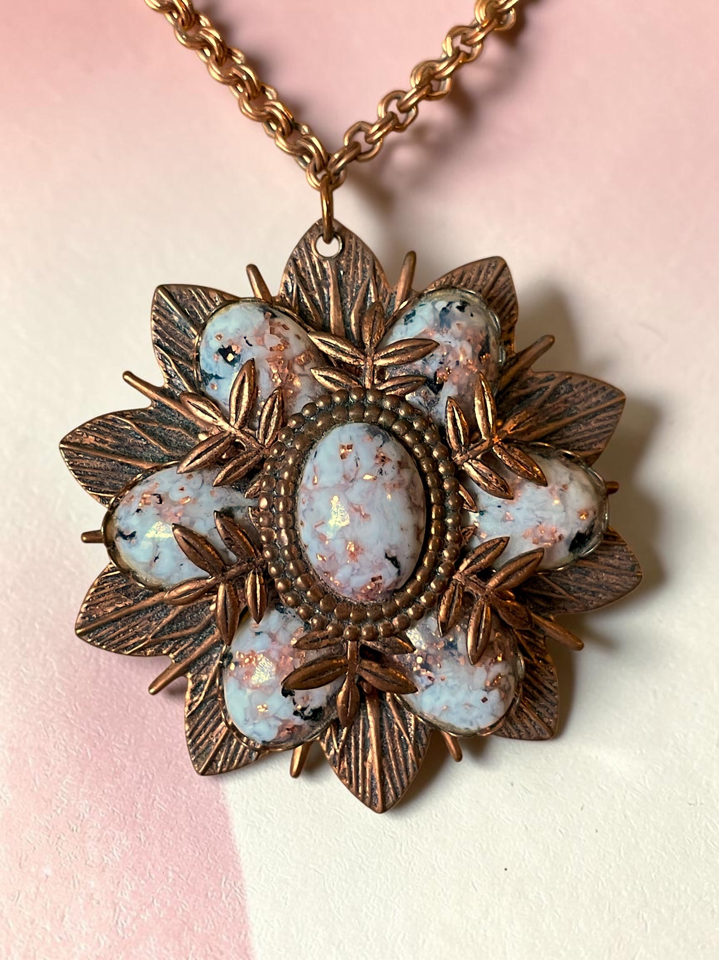 Renoir Copper Starburst White & Black, Pink Confetti Foil Art Glass Pendant Necklace