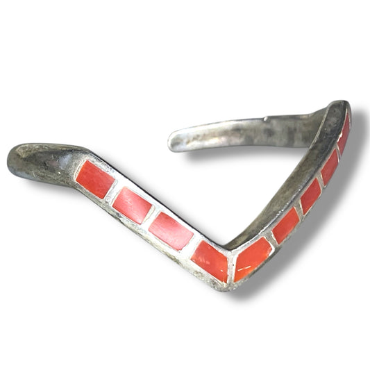 Vintage Zuni Native American Red Coral Inlay Zig Zag Geometric Cuff Bracelet