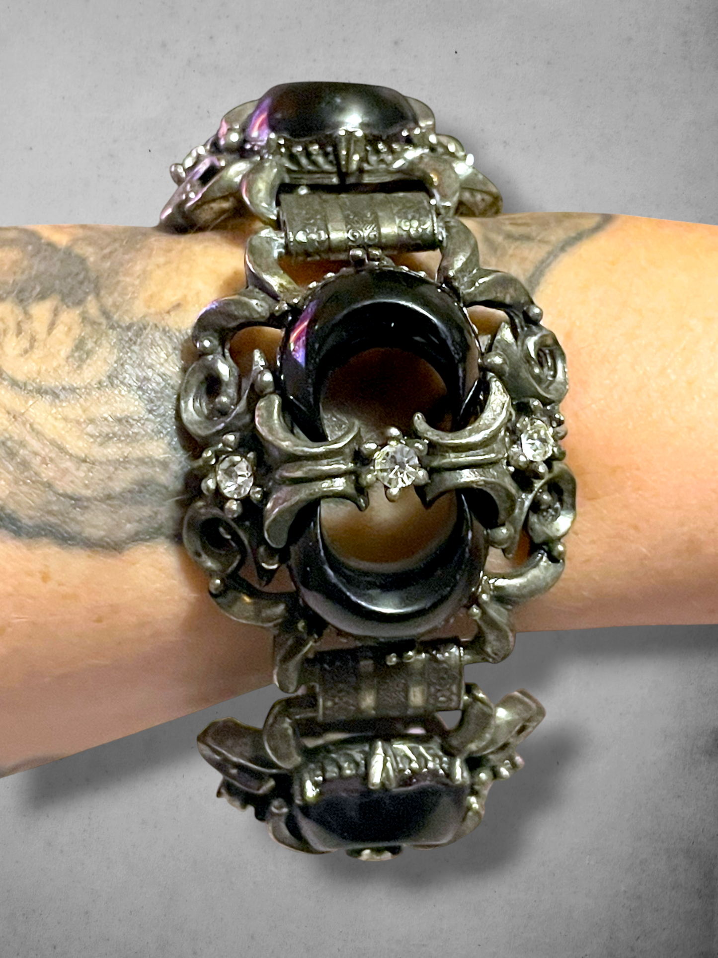 Victorian Booklink Chain Black Crescent Moon Crystal Panel Bracelet