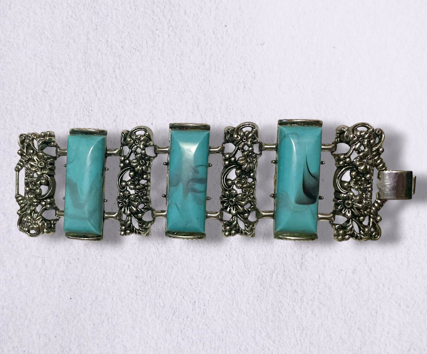 Mid Century Modern Chunky Silver Flower & Thermoset Faux Turquoise Panel Bracelet