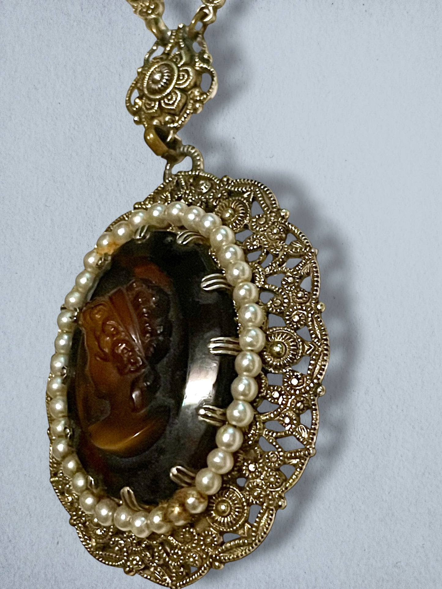 West German Amber Art Glass Cameo, Pearl Brass Filigree Necklace