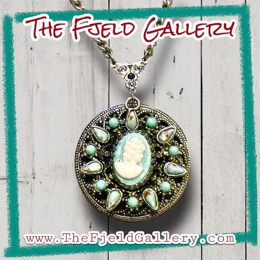 Turquoise Blue Hubble Glass Cameo Silver Filigree Necklace