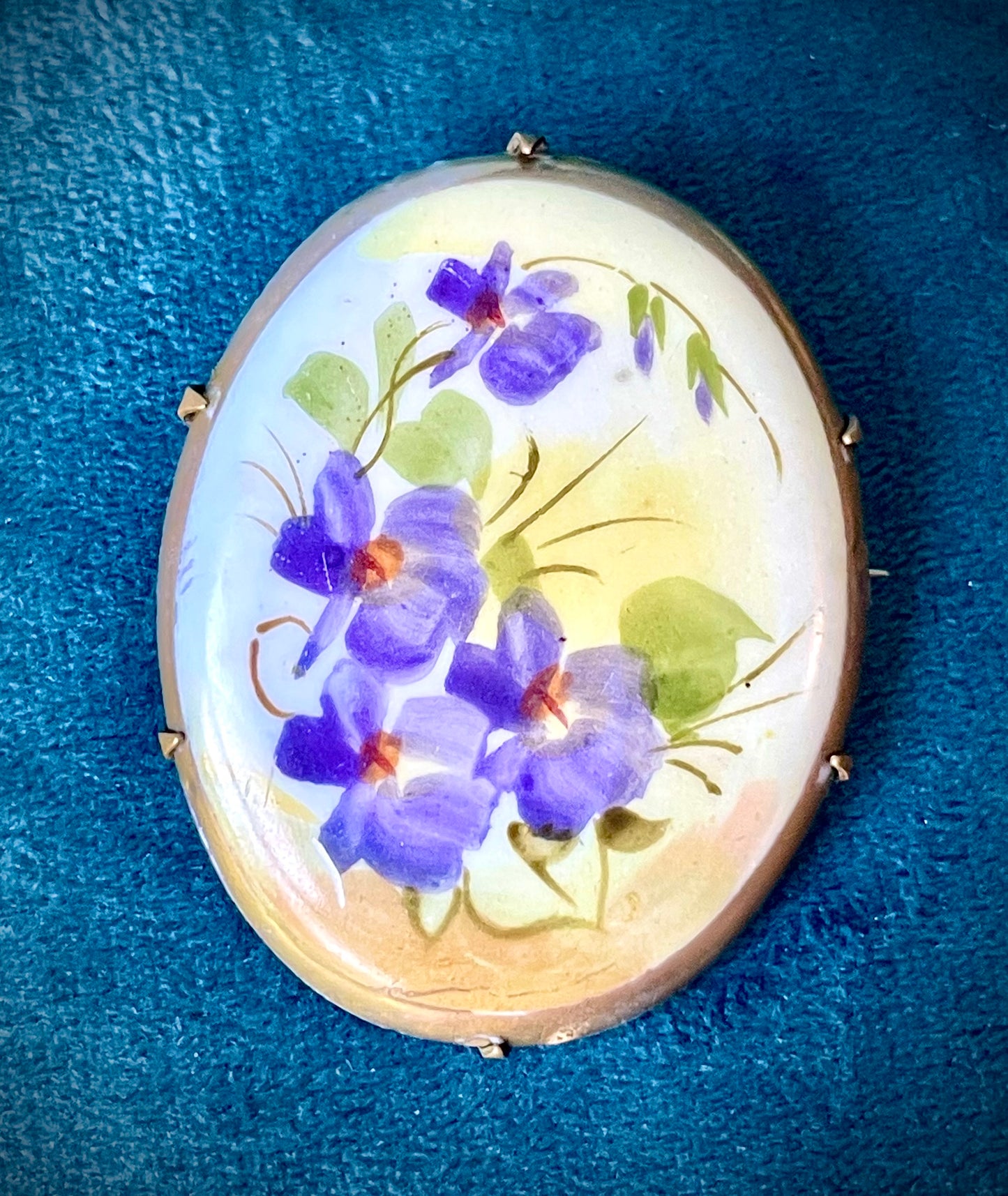 Victorian Forget Me Not Flowers Hand Painted Porcelain Limogé Brooch