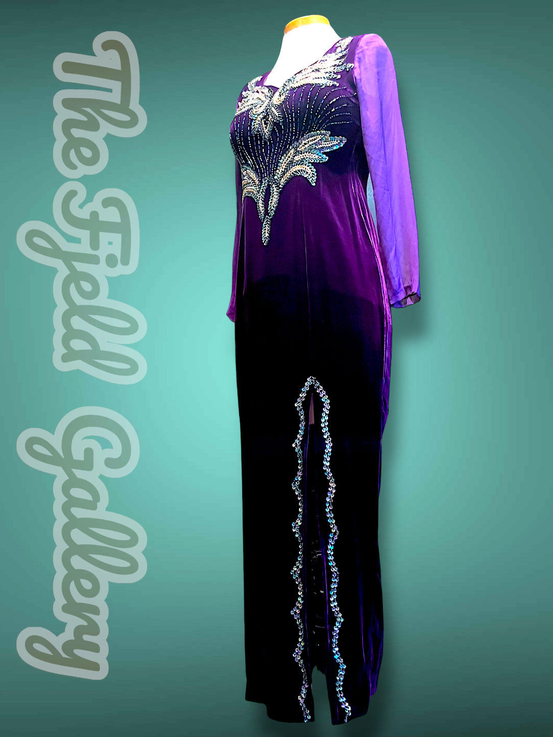 Deep Purple Velvet & Sheer Aurora Borealis Sequin Maxi Gown Dress
