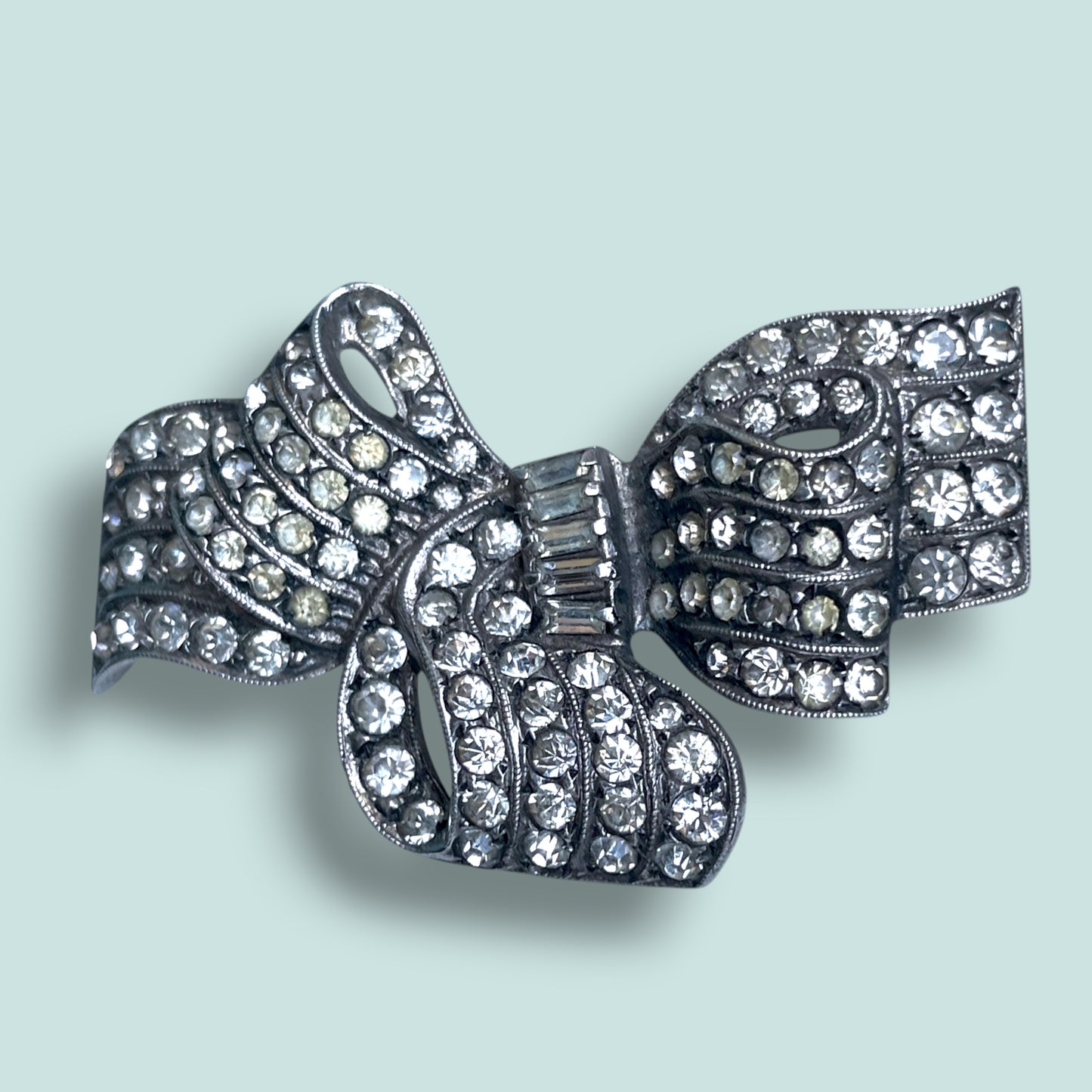 Art Deco ‘OTIS’ Sterling Silver & Crystal Rhinestone Bow Shaped Brooch