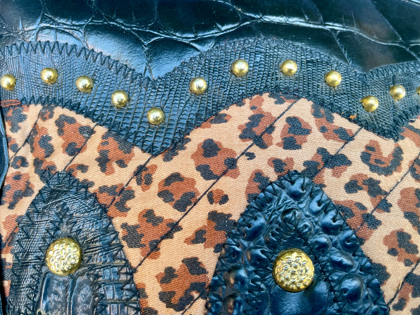 Vintage 1980’s Black Textured Faux Leather & Quilted Leopard Print Cross Body Purse with Gold Metal Rivets