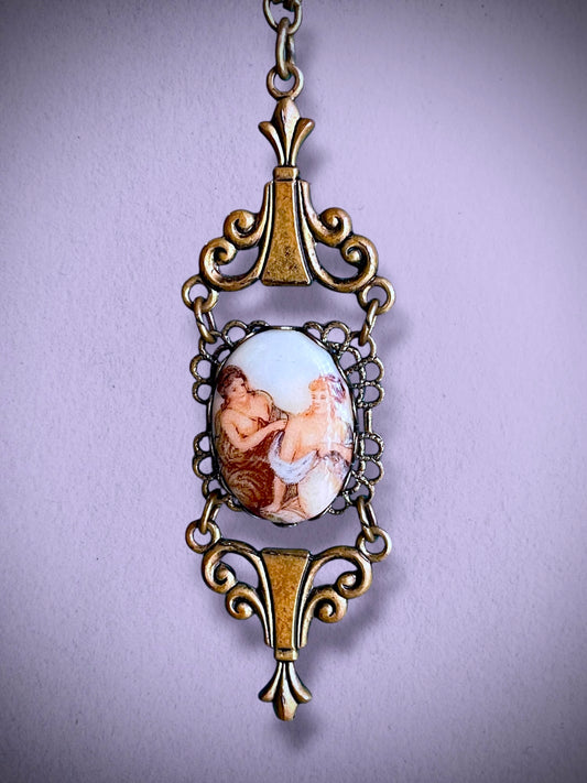 Art Nouveau Rococo Porcelain Limogé Renaissance Cameo Flourish Brass Pendant Necklace