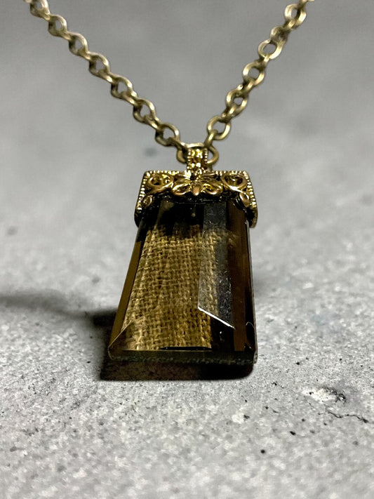 Czechoslovakian Smokey Topaz Pillow Cut Crystal Brass Filigree Necklace