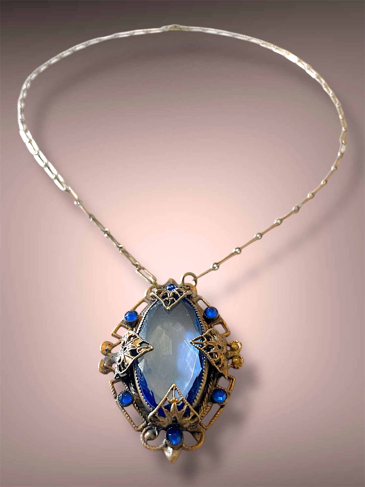Art Nouveau Czech Brass Blue Art Glass & Saphire Chrystal Filigree Floral Stamped Necklace