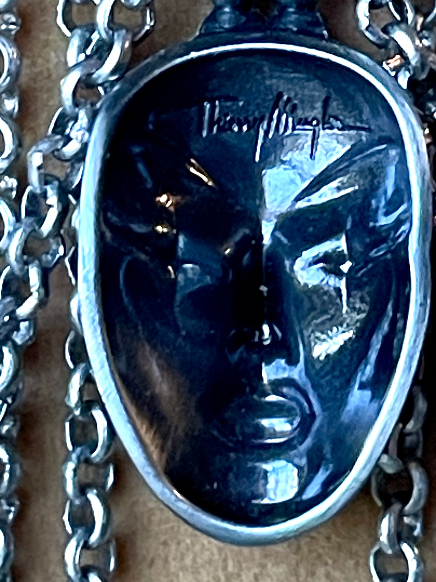 Designer Thierry Mugler Silver Face Fringe Necklace