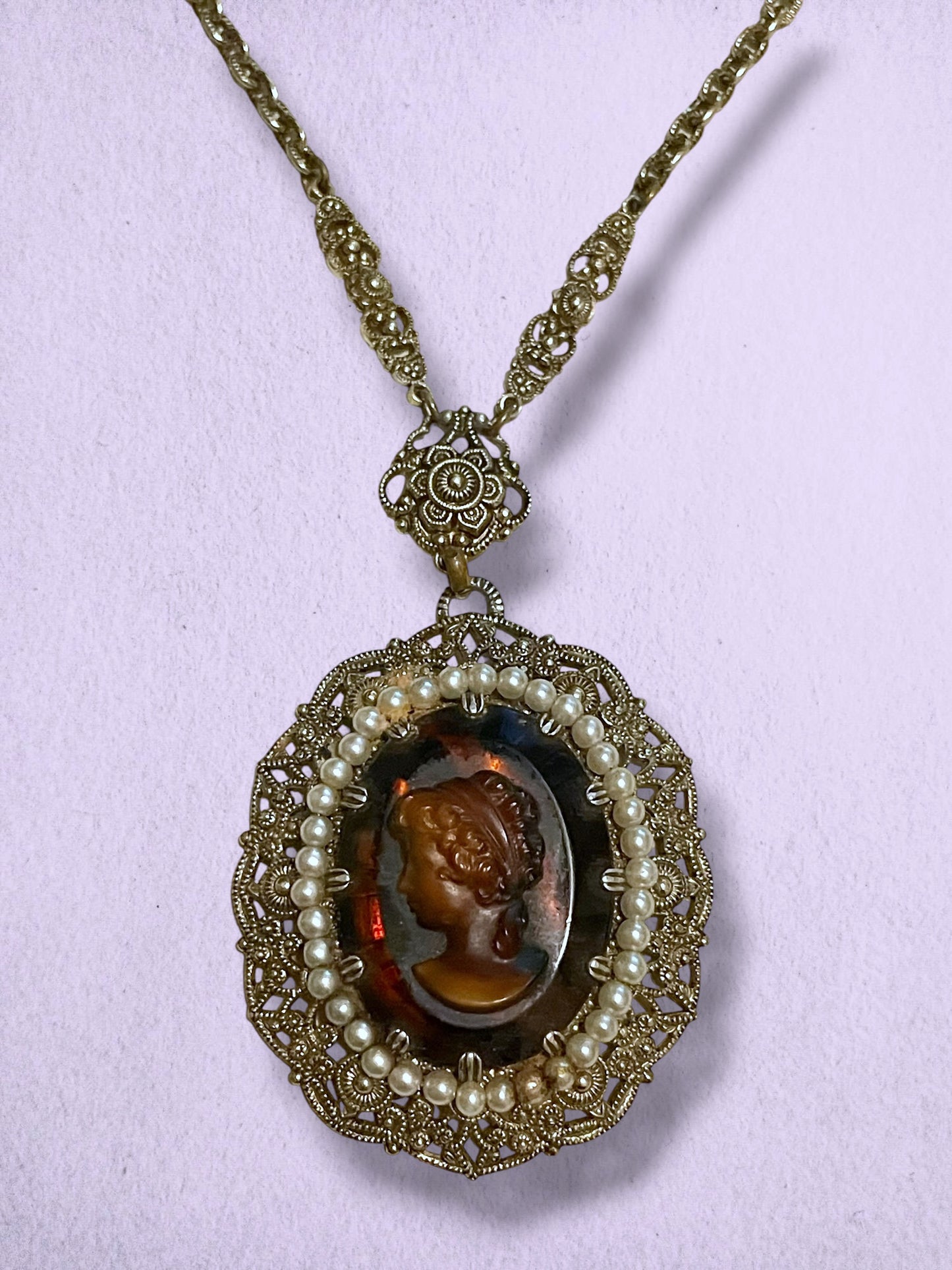 West German Brass Filigree Amber Art Glass Cameo & Pearl Necklace